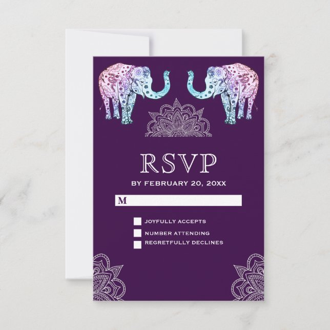 Henna Tattooed Elephants Indian Wedding RSVP (Anverso)