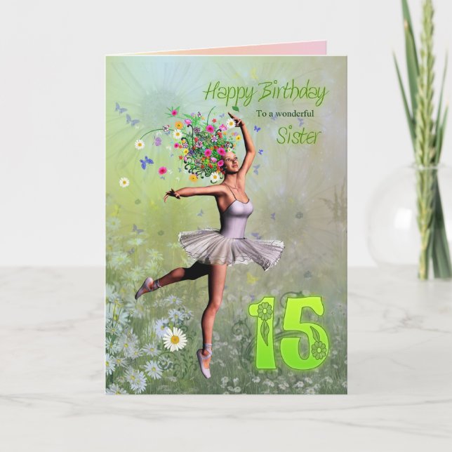 Hermana de 15 años, tarjeta de cumpleaños del hada (Anverso)