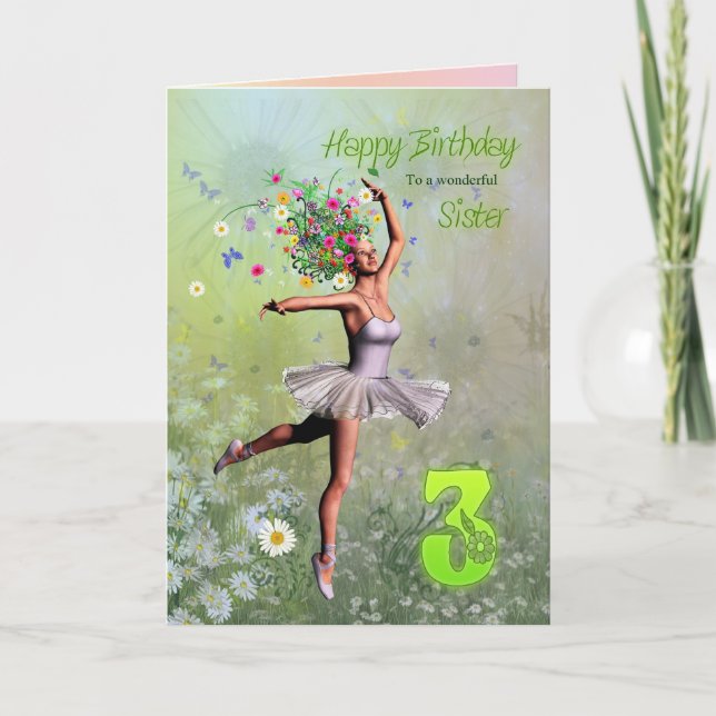 Hermana de 3 años, flor hada tarjeta de cumpleaños (Anverso)