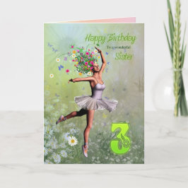 Hermana de 3 años, flor hada tarjeta de cumpleaños