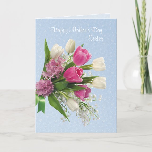 Hermana, tarjeta del Día de la Madre con flores de (Anverso)