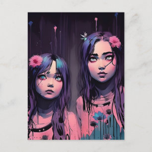 Hermanas con tarjeta postal de flores rosadas de p