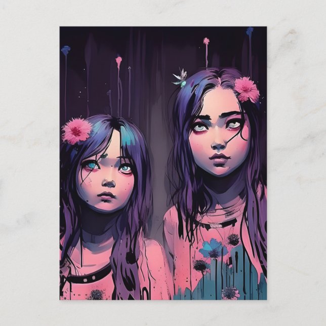 Hermanas con tarjeta postal de flores rosadas de p (Anverso)