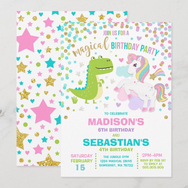 Hermanos De Invitación De Cumpleaños De Unicornio  (Anverso / Reverso)
