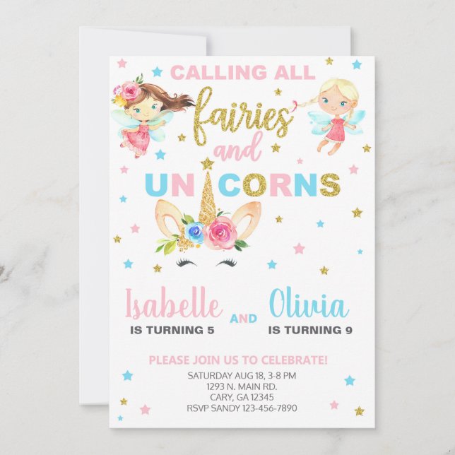 Hermanos hadas e invitación de cumpleaños de unico (Anverso)