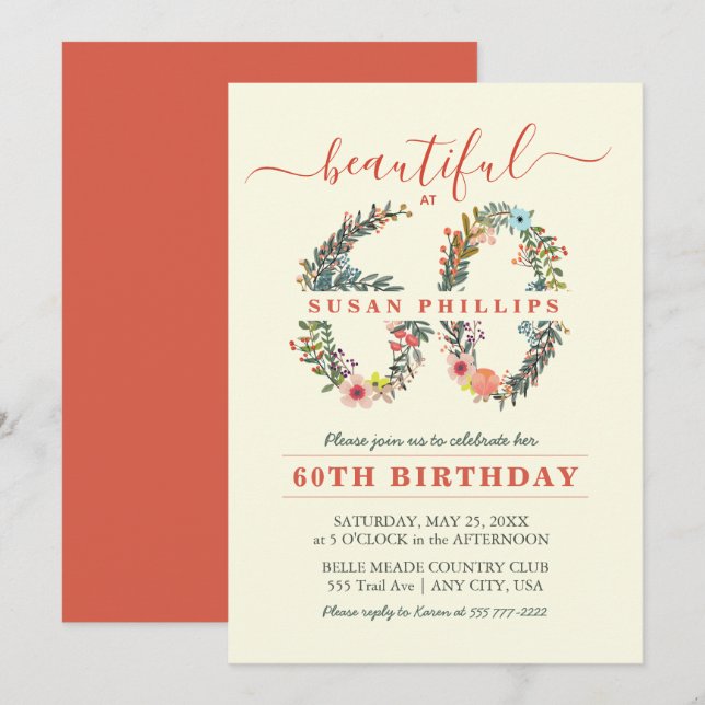 Hermosa a 60 invitaciones de número floral (Anverso / Reverso)