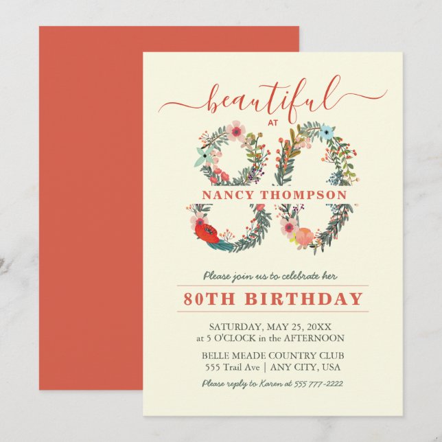 Hermosa a 80 invitaciones de número floral (Anverso / Reverso)