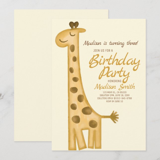 Hermosa acuarela Girafa Invitación de cumpleaños (Anverso / Reverso)