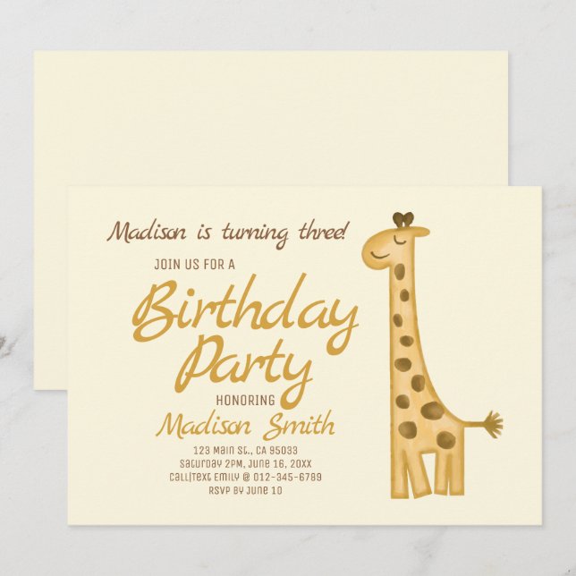 Hermosa acuarela Giraffe Invitación de cumpleaños (Anverso / Reverso)