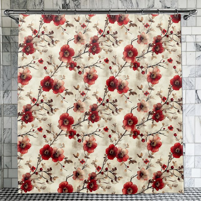 Hermosa acuarela Rojo Rosa Floral Cortina de ducha (Subido por el creador)