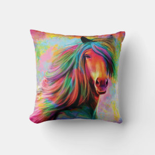 Hermosa Almohada de Caballo Arcoíris con Acuarela