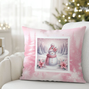Hermosa almohada de escena de nieve rosa con muñec