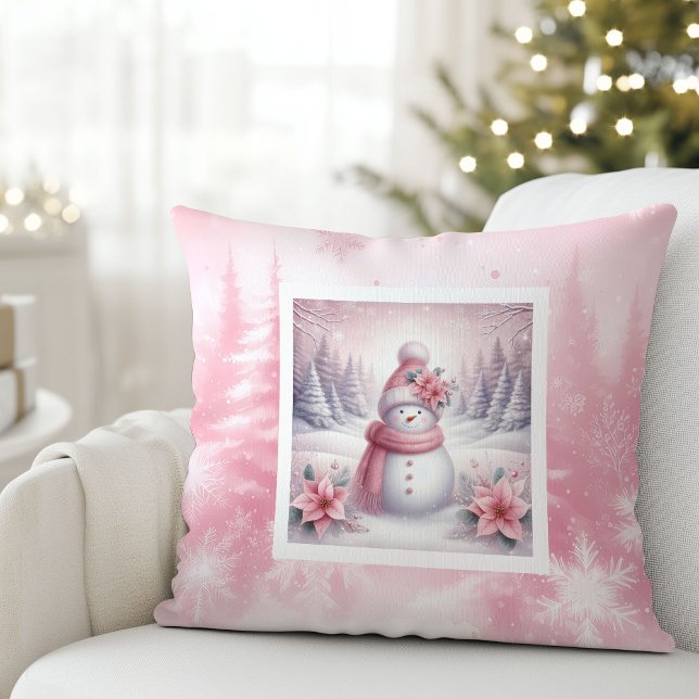 Hermosa almohada de escena de nieve rosa con muñec (Pretty Pink Snow Scene Pillow Sweet Snowman)