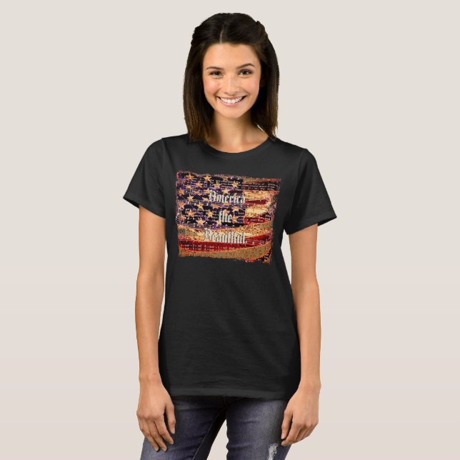 Hermosa América, negra, camiseta de mujeres patrió (Anverso completo)