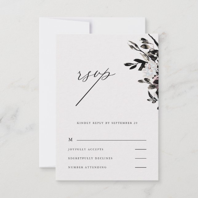 Hermosa boda floral Rsvp en negro (Anverso)