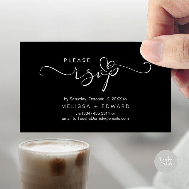 Hermosa boda romántica invita tarjeta RSVP (Wedding invitation RSVP via Phone or email respond reminder Enclosure Card in aesthetic Black White)