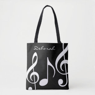 hermosa bolsa de tote en blanco/negro con notas mu