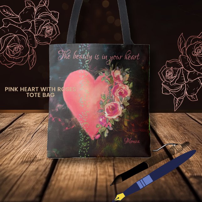 Hermosa bolsa negra con corazón rosa (Beautiful Pink Heart black Tote Bag)