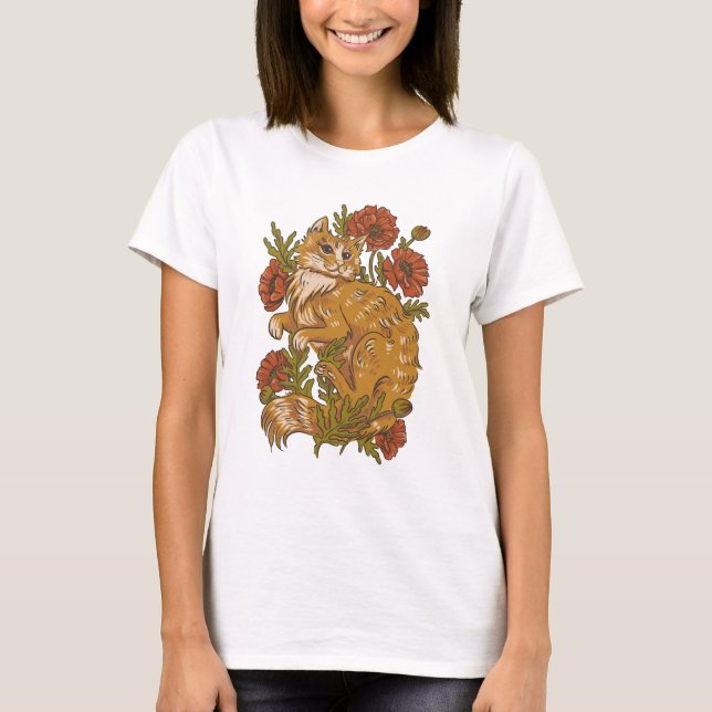 Hermosa camiseta con flores de gatos y adormidera (Anverso)