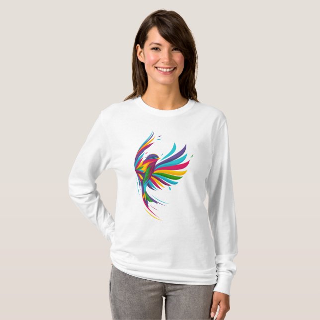 Hermosa camiseta de mujeres con pájaro multicolor (Anverso completo)