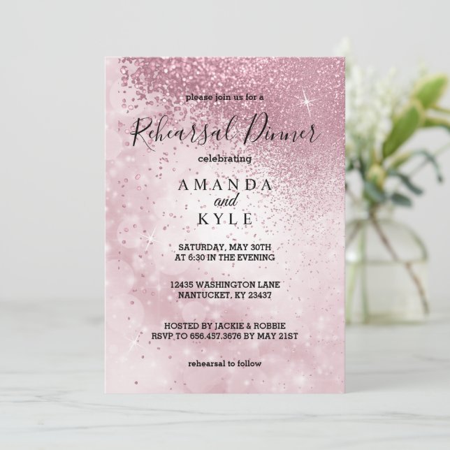 Hermosa Cena de Ensayo Rosa - Invitación (Anverso de pie)