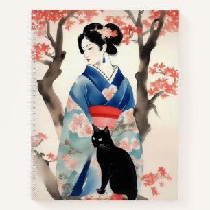 Hermosa Chica japonesa con un diario de gato negro