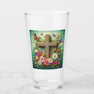 Hermosa cruz floral de Pascua con mariposas