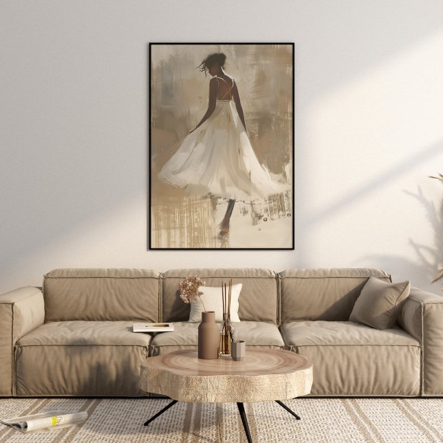 Hermosa dama con vestimenta blanca arte estético e (Beautiful Lady in White Dress Aesthetic Wall Art in a beautiful beige neutral boho luxe living room.)