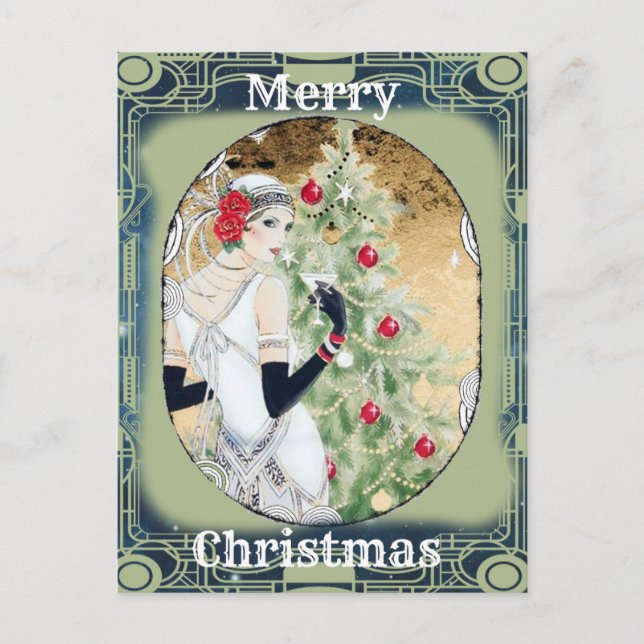 Hermosa dama retro y árbol de Navidad (Anverso)