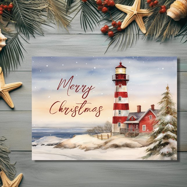 Hermosa escena de faro de invierno Feliz Navidad (Front - Beautiful Winter Lighthouse Scene Merry Christmas Holiday Card)