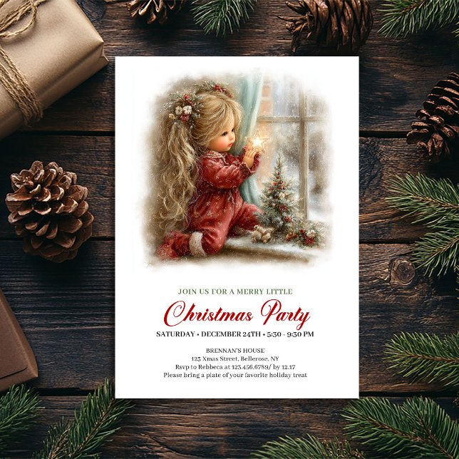 Hermosa escena de Navidad Tarjetas de invitación p (Lovely Christmas Scene Girl Rustic Party Invitation

)