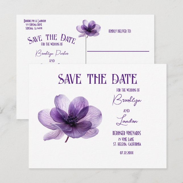 Hermosa Flor Púrpura Tarjeta de Boda Guardar la Fe (Anverso / Reverso)