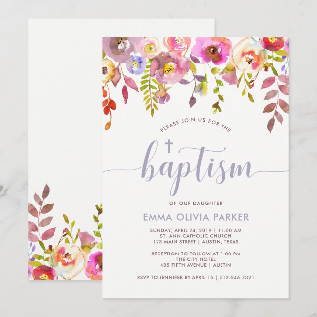 Hermosa Floral Delicada | Invitación al bautismo (Anverso / Reverso)