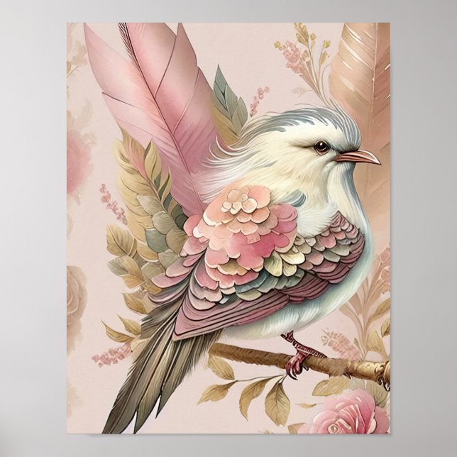 Hermosa impresión de pájaro rosas plumas rosa marf (Frente)