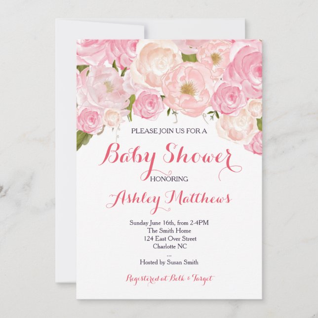 Hermosa invitación a Baby Shower con flores rosada (Anverso)