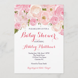 Hermosa invitación a Baby Shower con flores rosada