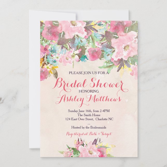 Hermosa invitación a Baby Shower con flores rosada (Anverso)
