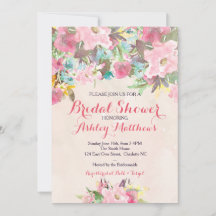 Hermosa invitación a Baby Shower con flores rosada