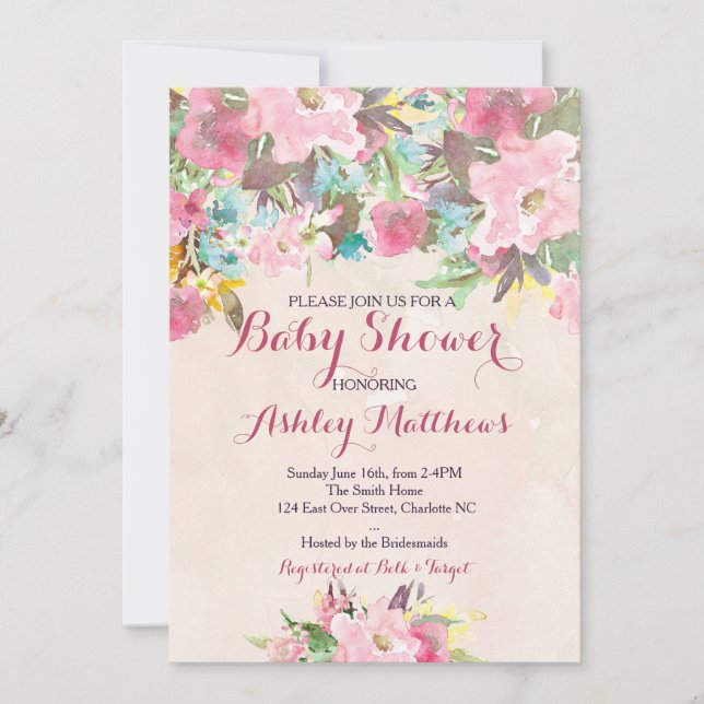 Hermosa invitación a Baby Shower con flores rosada (Anverso)