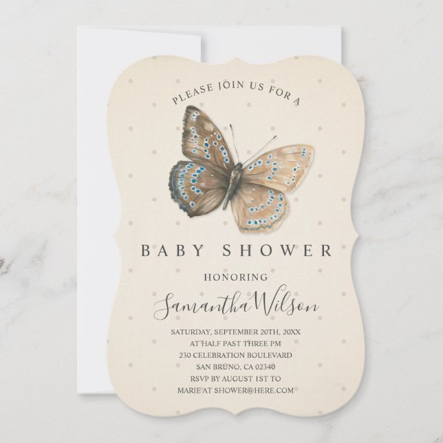 Hermosa invitación a Baby Shower con mariposa (Anverso)