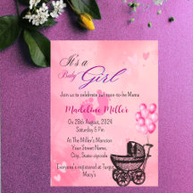 Hermosa invitación a Baby Shower de una niña rosa