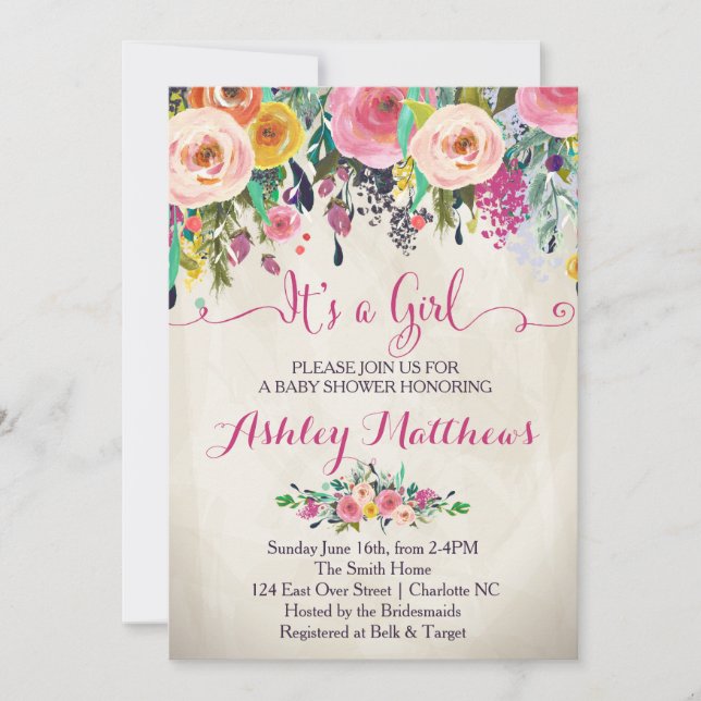 Hermosa invitación a Baby Shower floral, bebé (Anverso)