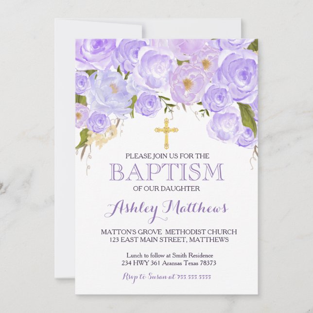Hermosa invitación a BAPTISM en Lavanda Púrpura (Anverso)