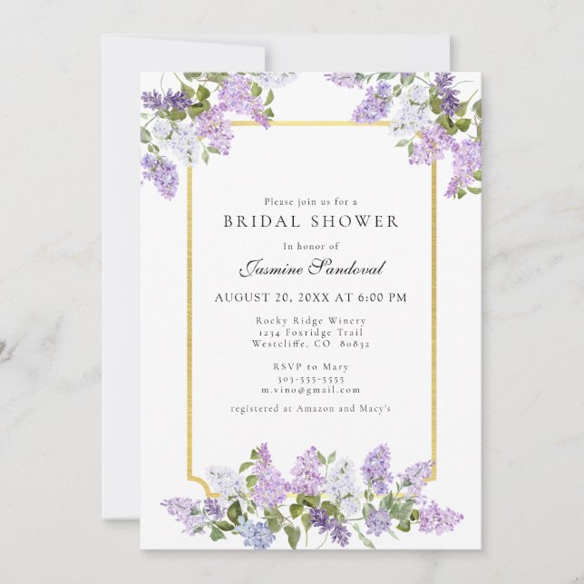 Hermosa Invitación a ducha de novia floral Lilac (Anverso)