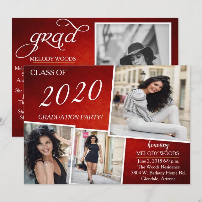 Hermosa invitación a graduación roja brillante (Anverso / Reverso)