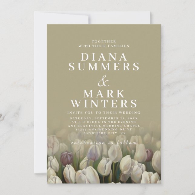 Hermosa invitación a la boda con tulipanes blancos (Anverso)