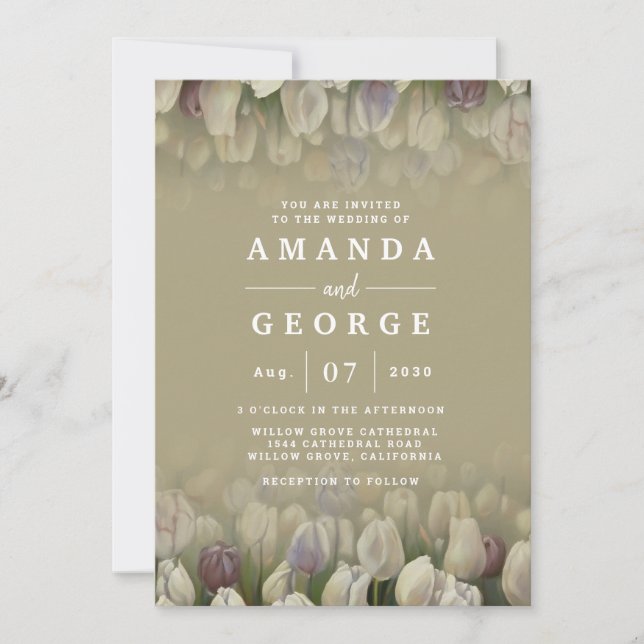 Hermosa invitación a la boda con tulipanes blancos (Anverso)