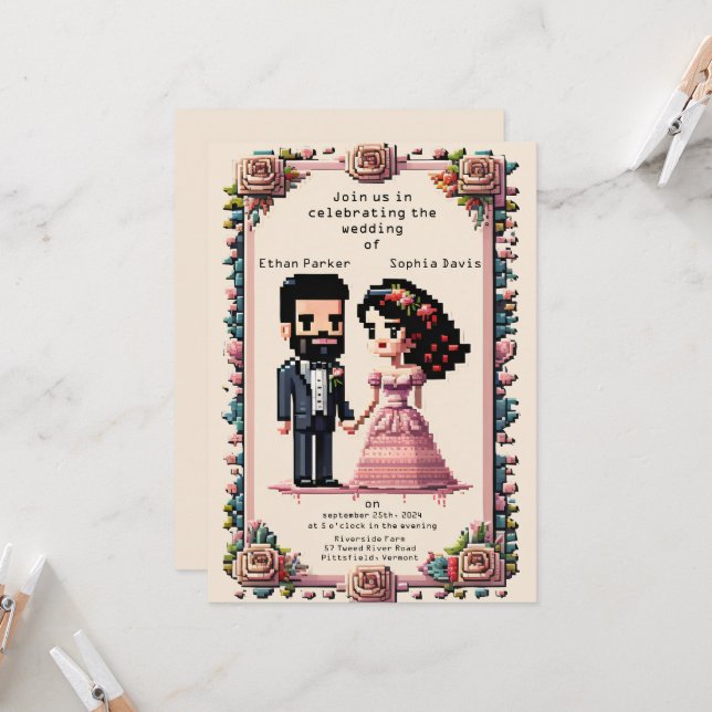 Hermosa invitación a la boda de arte en Pixel (Anverso/Reverso In Situ)