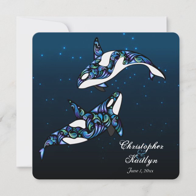 Hermosa invitación a la boda de ballenas orcas (Anverso)