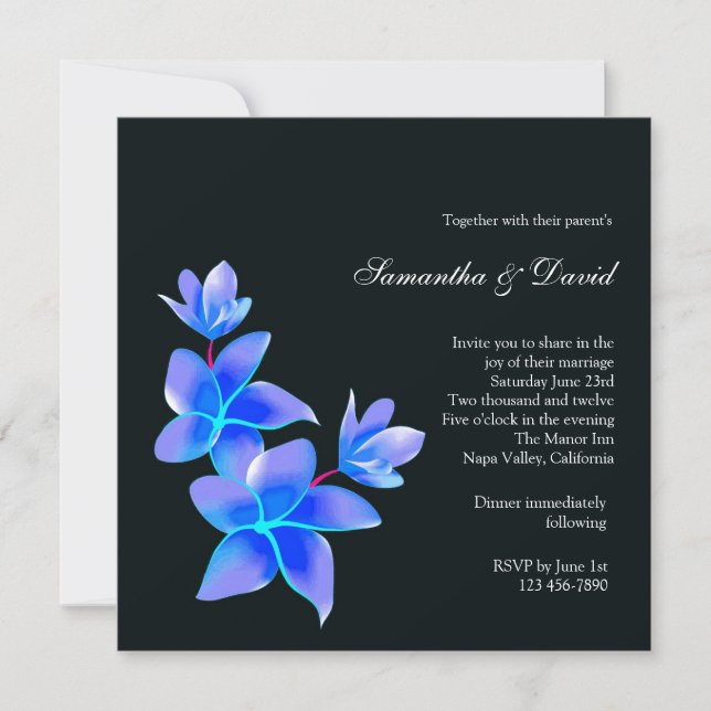 Hermosa invitación a la boda de Blue Plumeria (Anverso)